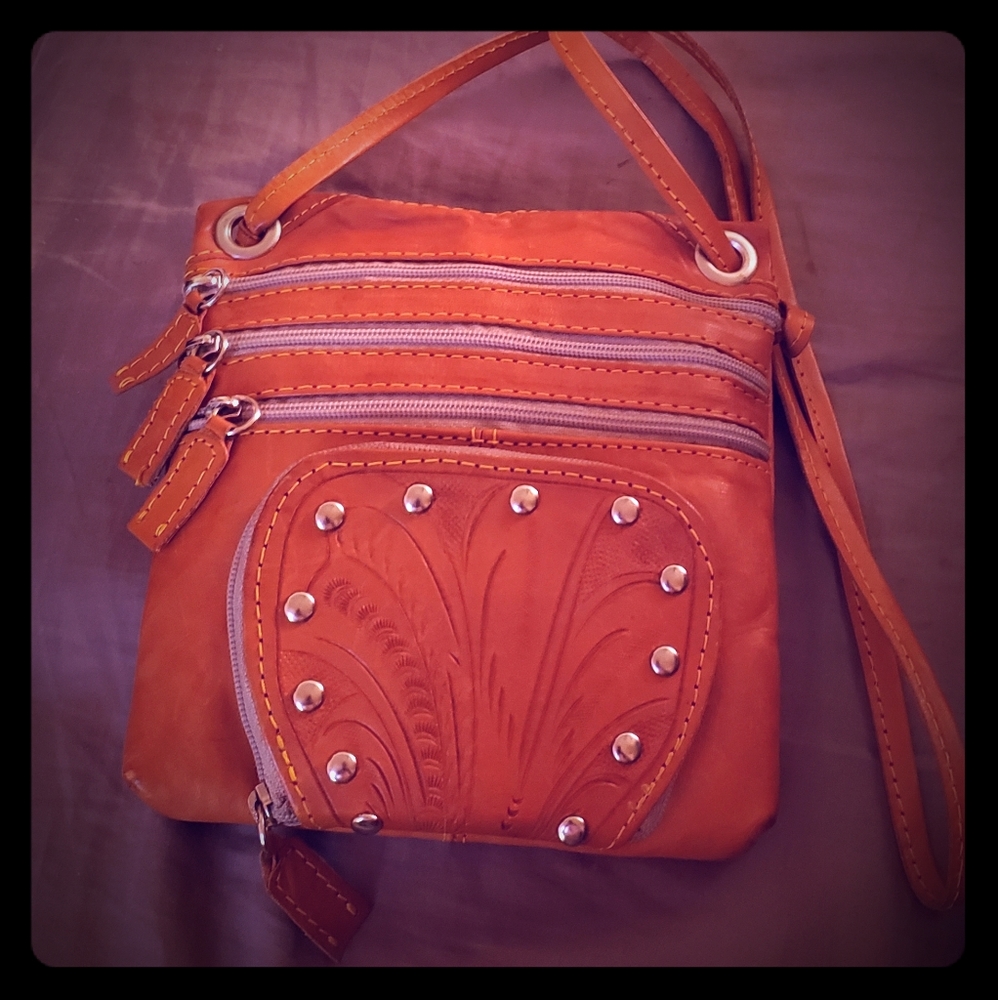 HandTooled Leather Crossbody Bag 7×7, strap is